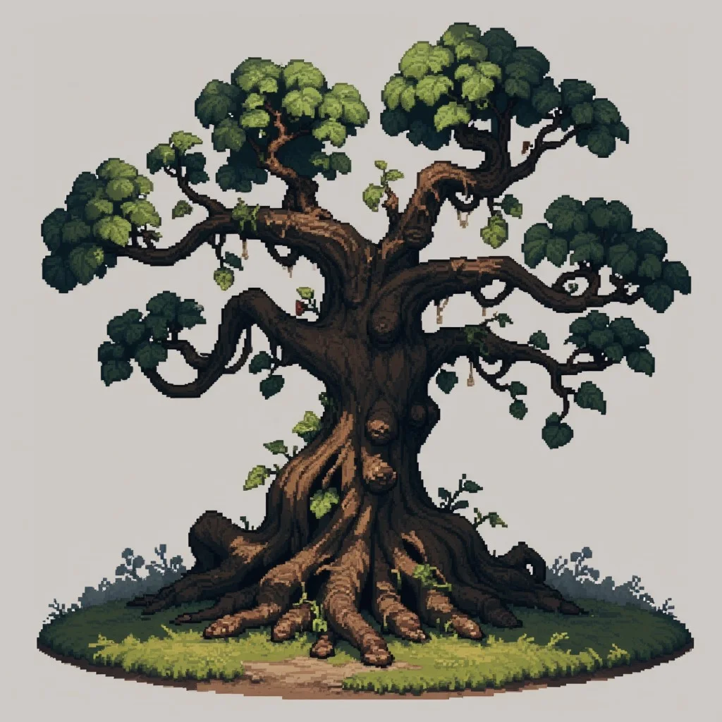 Perfectly orthogonal front view of a colossal creature of nature, an oak that seems more like a monster than a plant. Its trunk, wide and gnarled like a column of rock, rises towards the sky with a dark energy. The bark, cracked and rough, resembles the skin of a dragon, with deep fissures that seem like scars from ancient battles. The branches, like a octopus' tentacles, extend in all directions, twisting and turning in grotesque shapes and they are full of leaves. BREAK
empty grey background , high quality, Pixel art, weirdfantasy, front view slightly from below