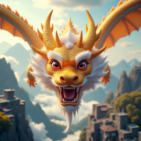 masterpiece, ultra high resolution, no people, nobody, clouds, buildings, red eyes, horns, open mouth, sky, oriental dragon, cloudy sky, flying, close-up of a golden dragon surrounded by fjord landscape extending to the horizon, breathtaking footage, dynamic shot, looking at the viewer,