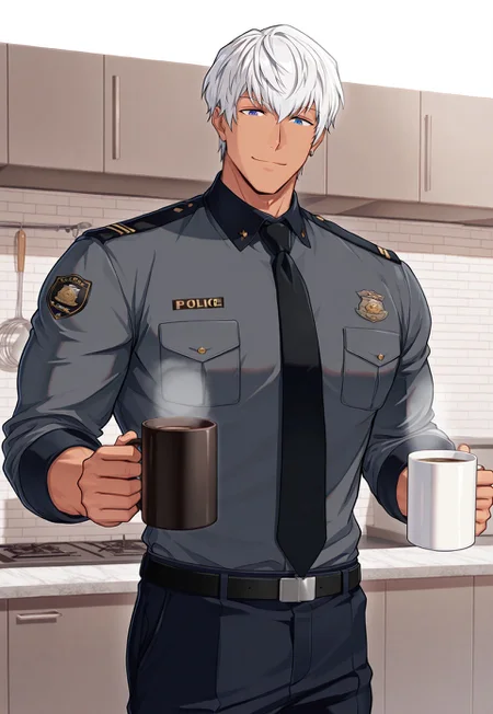 masterpiece, best quality, newest, extreme detail description, amazing quality, solo, muscular male,1boy, solo, 0sc4r_hs, dark-skinned male, white hair, blue eyes, single earring, gray shirt, police uniform, black necktie, kitchenette, coffee mugs, holding two coffee mugs, smile, closed mouth, offering coffee mug, pov,