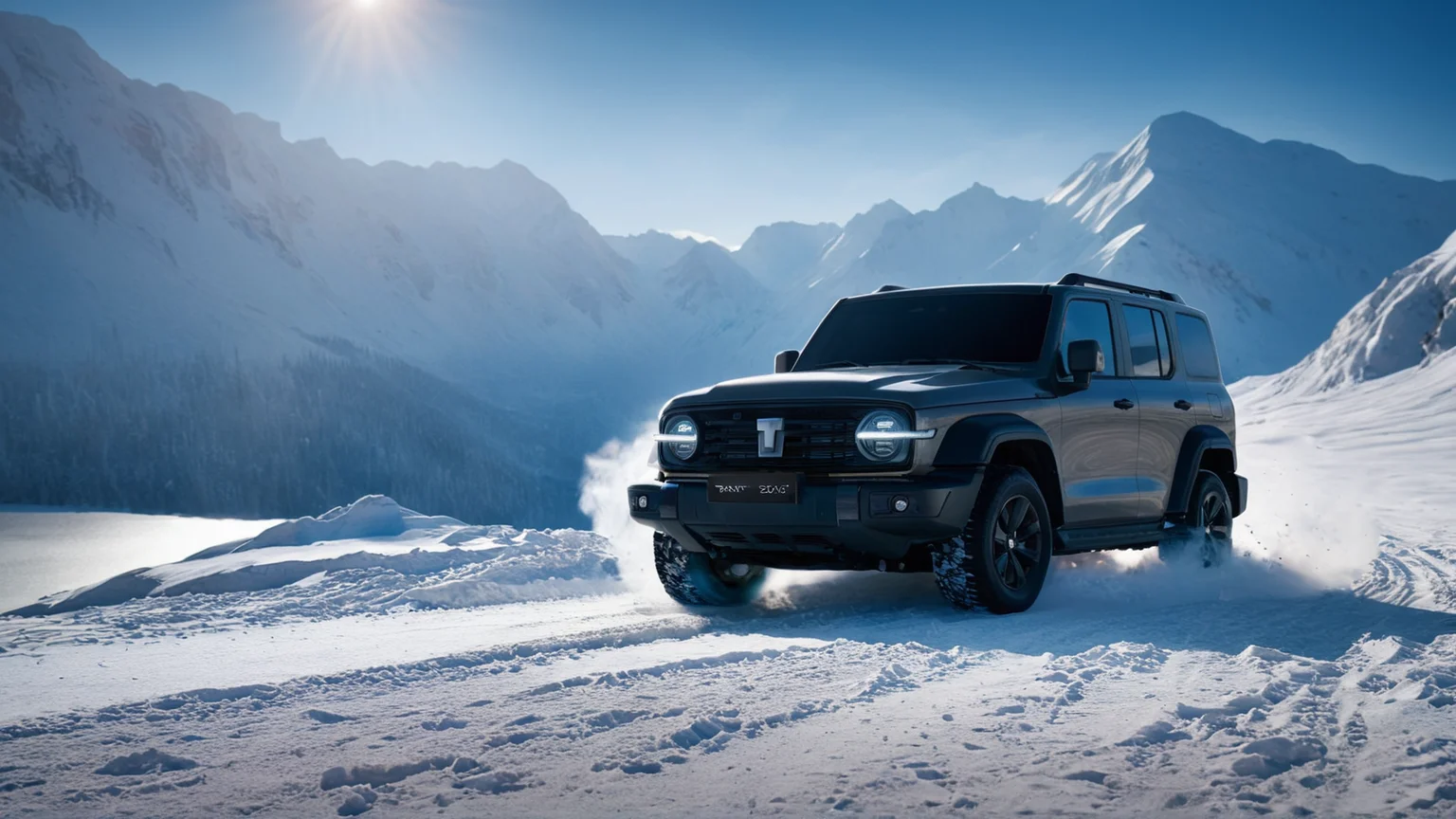 a gwm txxx driving besides the snow lake, sun height, beautiful, hd, 8k, (photographic:1.5), magnificent, grandiose, mac os wallpaper <lora:GWMTank300_V2.0:1>