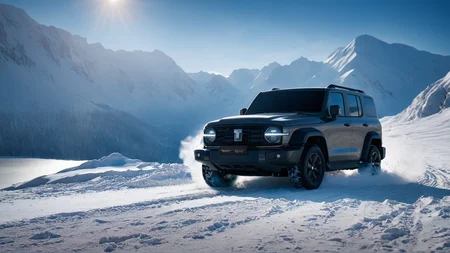 a gwm txxx driving besides the snow lake, sun height, beautiful, hd, 8k, (photographic:1.5), magnificent, grandiose, mac os wallpaper <lora:GWMTank300_V2.0:1>