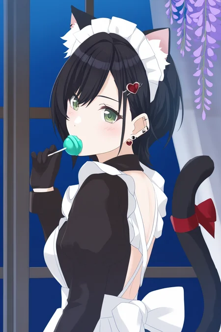 <lora:Shiny_Colors_Anime_Style:1>, shinycolors, 1girl, animal ears, solo, black hair, candy, black gloves, gloves, food, tail, cat ears, tail ornament, maid, looking at viewer, maid headdress, cat tail, long sleeves, heart, hair ornament, holding, bow, jewelry, lollipop, curtains, holding food, dress, tail bow, puffy sleeves, apron, juliet sleeves, breasts, earrings, short hair, heart hair ornament, green eyes, back bow, hairclip, petals, maid apron, from side, holding candy, black dress, backless outfit, ear piercing, frills, ribbon, wisteria, cat girl, animal ear fluff, backless dress, blush, window, white apron, piercing, hand up
