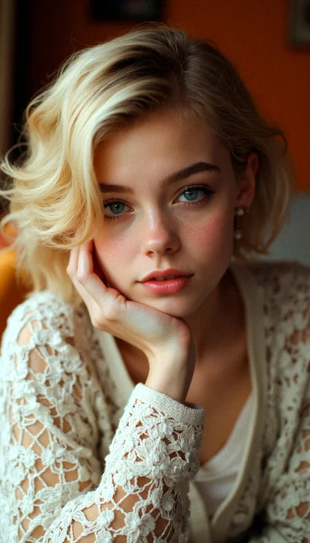A hyper-realistic close-up portrait of a young woman with short, perfectly styled blonde hair resting her chin on her hand. She is wearing a white lace cardigan with intricate, delicate patterns that catch the warm indoor lighting. Her large green eyes, framed by subtle eyeliner and mascara, convey a serene and thoughtful expression. Her soft pink lips and porcelain-like skin are rendered with exceptional clarity. The blurred background features hints of warm-toned furnishings, creating an intimate and inviting atmosphere. <lora:MoriiMee_Gothic_Niji_Style_FLUX:0.5> <lora:Hand_v2:0.4> <lora:realism_lora_comfy_flux_converted:0.5>