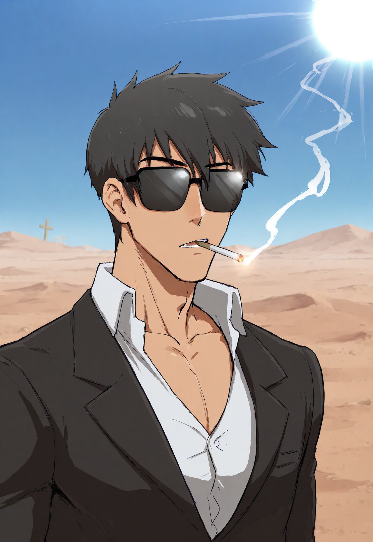 masterpiece, best quality, amazing quality, very aesthetic, absurdres, newest, detailed background, 1boy, solo, trigun stampede, nicholas d. wolfwood, black hair, grey eyes, suit, sunglasses, opaque glasses,  cross, upper body, outdoors, desert, sun, sunbeam, light rays, mouth open slightly, smoking, cigarette