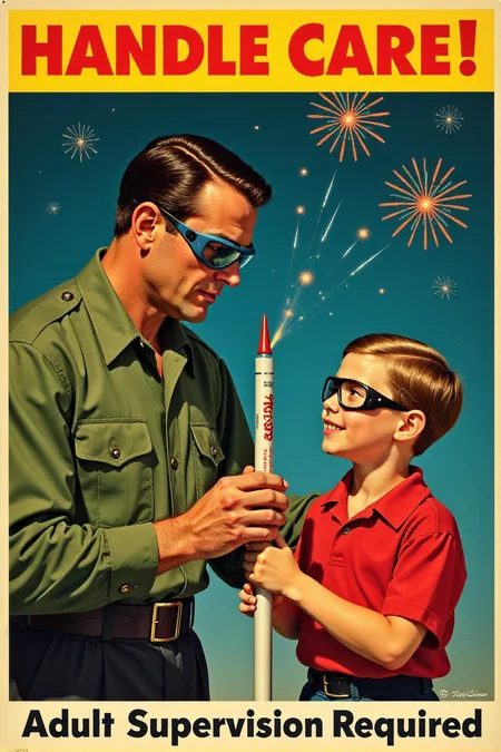 A brightly colored vintage safety poster depicting a stern-looking adult male wearing protective goggles, firmly but gently guiding a young boy (also wearing goggles) as he lights a single firework rocket placed securely in a launch tube. The background features a clear night sky with stylized, safe fireworks exploding at a distance. Bold, red sans-serif text at the top reads: "HANDLE WITH CARE! Adult Supervision Required." Focus on the clear depiction of safe handling and the importance of adult guidance.  <lora:REMEs_War_Poster_Style:0.95> In REME's War Poster Style,âââ
