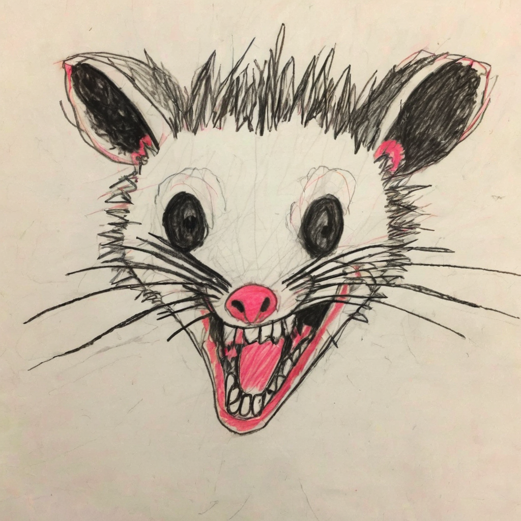 a 8 year old's drawing of a rabid crazy opossum  <lora:crayons_v1_sdxl:1>