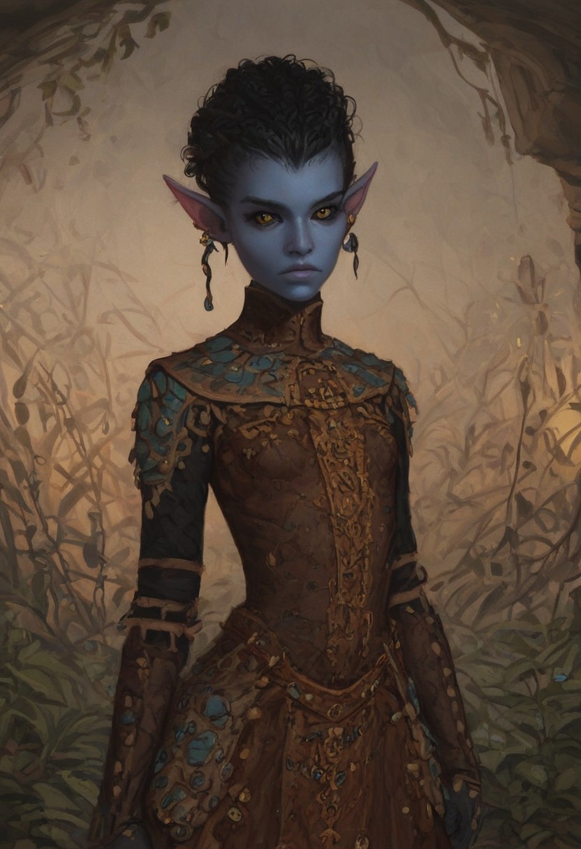 solo, short pointy ears, piercings, random elf face, aquiline features, androgenous dark elf, weathered skin, large nose, insect chitin armor, insect chitin helmet, insect chitin ornaments, stylized insect pattern, athletic build,  animated realism, zoomed out, Syrian features, torso, brass pipes and gears, intricate architecture, dwarven masonry, dwemer fixtures, white-green light, gloomy lighting, ancient ruins, interior, stone tiled floor, grey-blue skin, mahogany and ivory clothes, medium armor, bone plate armor, ivory straps and fittings, alien bone ornaments, grey wood neckguard, dark red sclera, black pupils, distant mushroom forest, blue-green light, neon, highly detailed, defined features, looking at viewer, three quarters view, from front, dynamic lighting, 18 years old, light and shadows, patterned cloth, annoyed expression, expressive eyes, detailed medieval clothes, small_breasts, short hair, wavy hair, thick hair, beaded hair, braided hair, under cut hair, semirealistic, alien elf, spanish features, jewish features, black hair, dark red hair, umber skin, sharp features, pastel green inuit print cloak, nighttime, high detail, absurdres, pretty eyes, detailed eyes, yellow eyes,