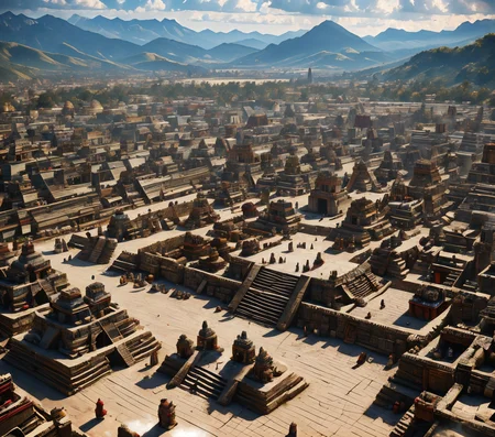 RAW photo, (masterpiece:1.3), subsurface scattering, heavy shadow, (high quality:1.4), (intricate, high detail:1.2), professional photography, HDR, High Dynamic Range, realistic, ultra realistic, photorealistic, high resolution, film photography, ambient lighting, atmospheric effects, <lora:detail_slider_v4:2>, OverallDetail,  <lora:Aztec_Architecture:1>, aztar, an aztec city with pyramids and temples and a market square
