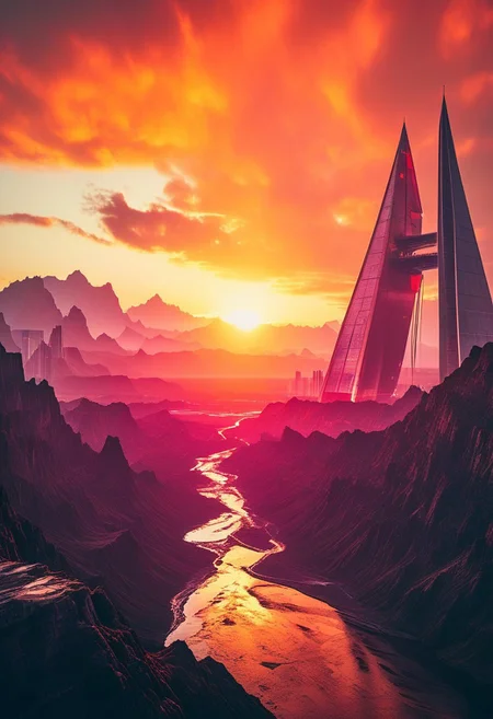 ()Hyoer Realistic:2.0)Polaroid picture 
 (Cyberpunk future theme:1.97) Photorealistic image of the view from the tallest mountain on Mars, Olympus Mons, at sunrise. Realistic, high-resolution, 8K, cinematic, epic, detailed, intricate, hyper-realistic. Incorporate a vast, barren Martian landscape with towering mountains, deep valleys, and a distant horizon. The sky should be a deep shade of crimson, with a subtle gradient of orange and pink hues. Use a high-angle shot to emphasize the grandeur of the mountain. Canon EOS R3, f/5.6 aperture, 1/125 second shutter speed, ISO 100.
BREAK ()Hyoer Realistic:2.0)Polaroid picture (Cyberpunk future theme:1.37) A glorious view of the Tampa Bay (Sunshine Skyway Bridge)