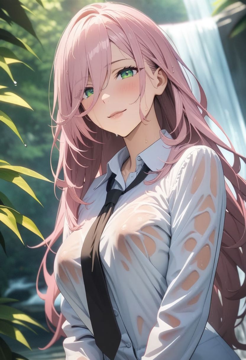 1woman, solo,  long hair, pink hair, black choker, green eyes, one eye covered by hair,  eyeliner,  gorgeous lips, squats, classroom, no bra, wet, wet clothes, stands under the flow of a waterfall, nature, water, linen showing through, charming smile, office uniform, tie, ultra detailed eyes, (masterpiece), (best quality), (ultra-detailed), very aesthetic, illustration, perfect composition, intricate details, absurdres, 
(anime, masterpiece, intricate:1.3), (best quality, hires textures, high detail:1.2), (4k),(incredibly detailed:1.4), perfect anatomy, graceful face, slim, pointed nose, (nostrils:1.3), gorgeous lips, UHD, 8K, ultra detailed, a cinematic photograph of HDR photo of Closeup photo of a beautiful natural 27-year-old woman,