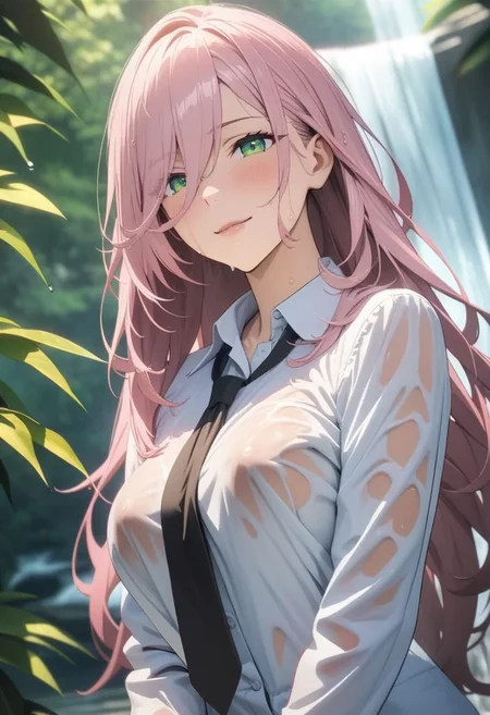 1woman, solo,  long hair, pink hair, black choker, green eyes, one eye covered by hair,  eyeliner,  gorgeous lips, squats, classroom, no bra, wet, wet clothes, stands under the flow of a waterfall, nature, water, linen showing through, charming smile, office uniform, tie, ultra detailed eyes, (masterpiece), (best quality), (ultra-detailed), very aesthetic, illustration, perfect composition, intricate details, absurdres, 
(anime, masterpiece, intricate:1.3), (best quality, hires textures, high detail:1.2), (4k),(incredibly detailed:1.4), perfect anatomy, graceful face, slim, pointed nose, (nostrils:1.3), gorgeous lips, UHD, 8K, ultra detailed, a cinematic photograph of HDR photo of Closeup photo of a beautiful natural 27-year-old woman,