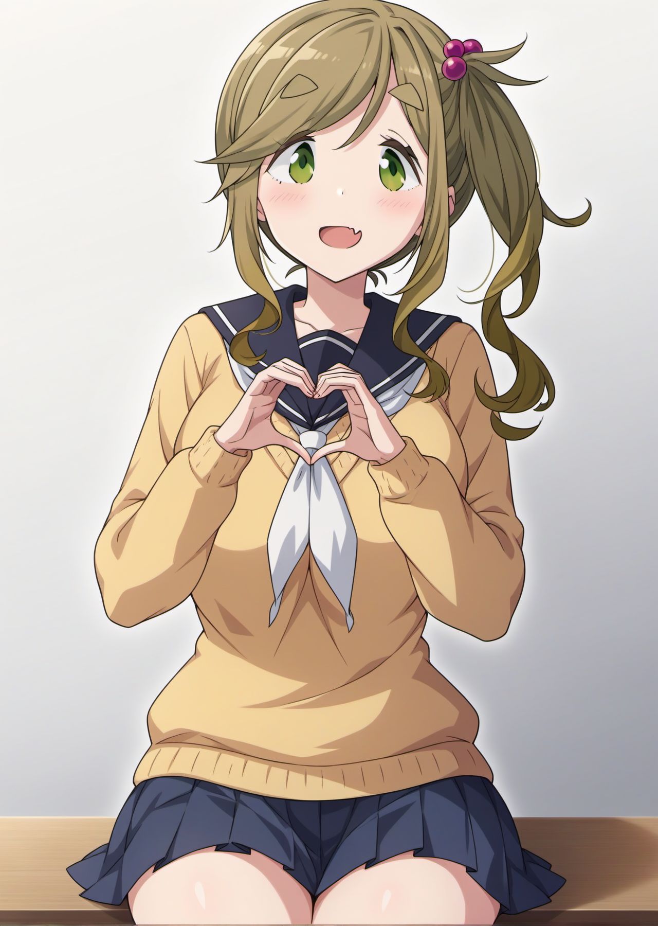 score_9, score_8_up, score_7_up,
source_anime
best quality, masterpiece,
hi res, digital media (artwork), 
anime coloring, 
outline, 
official art,
BREAK, 
white background,
(looking away:1.1), 
cowboy shot, 
portrait, 
(wide angle :1.1),
stifled laugh, 
heart hands duo, sitting 
BREAK,
1girl,  solo,
teenage, curvy, 
inuyama_aoi, yurucamp, mediam_hair, breasts, bangs, brown_hair, hair_ornament,, side_ponytail, swept_bangs, thick_eyebrows, hair_bobbles, skin_fang, green eyes , fang, sailor_collar,, sweater, , motosu school uniform, yellow sweater,  white neckerchief,  pleated skirt, 
 thighs,
 <lora:lora_XL_yurucamp_inuyama_aoi_v3_pagedAdamW8bit_d32a16:0.88:lbw=NP3XL>