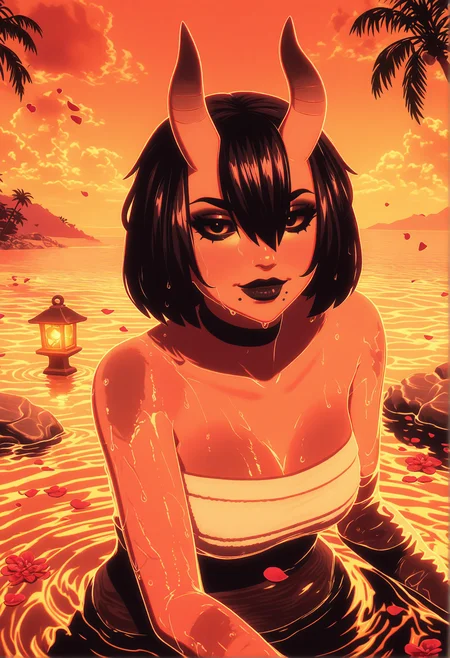 GLSHS,delicate colors,partially illuminated, (masterpiece, absurdres, very awa:1.4), golden hour, orange theme, sunset, beach, rocks, beach ball, sand, palm tree, smug, looking at viewer, fortnitenightrose, 1girl, black hair, short hair, bob cut, bangs, hair between eyes, hair over one eye, asymmetrical horns, oni horns, skin-covered horns, black eyes, black sclera, sclera, closed mouth, mole, mole under mouth, black lips, lipstick, makeup, natural hot spring, sitting on rock with legs dipped in water, wet skin, towel draped around body, cleavage, steam, gentle ripples in water, warm lantern glow, flower petals floating on water, <lora:GLSHS-IL:1.2>,  <lora:Fortnite_The_Night_Rose_All_Outfits_ILXL:0.8>, <lora:dmd2_sdxl_4step_lora:1>