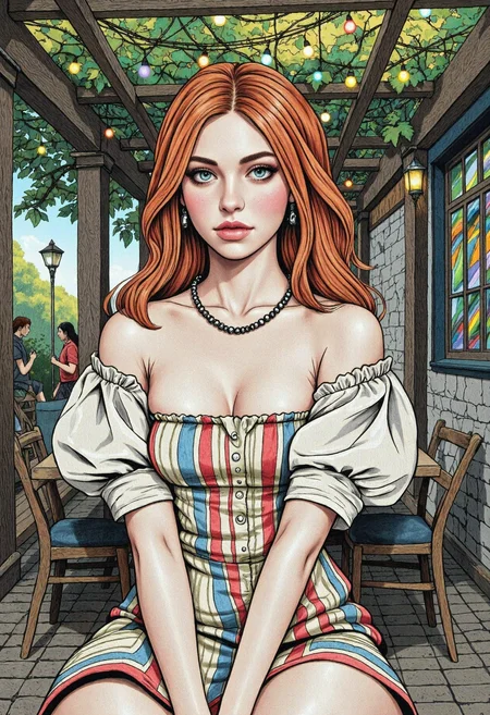 2.5D comic art full body pencil drawing of thin scottish 1girl, 19yo, with grey eyes seen in a playful pose. She has fiery red hair and edgy metallic black makeup. She is wearing a puffy sleeves linen strapless polka dot dress in a striped design, completed by plateau heels with metal accents. The outfit is topped off with a beaded necklace and earrings. Set outside in a cafe under an overgrown pergola, with fairylights, natural prismatic, rainbow-lighting. With hard split lighting, cel-shading, sharp lines, vibrant colors, masterpiece, very aesthetic
