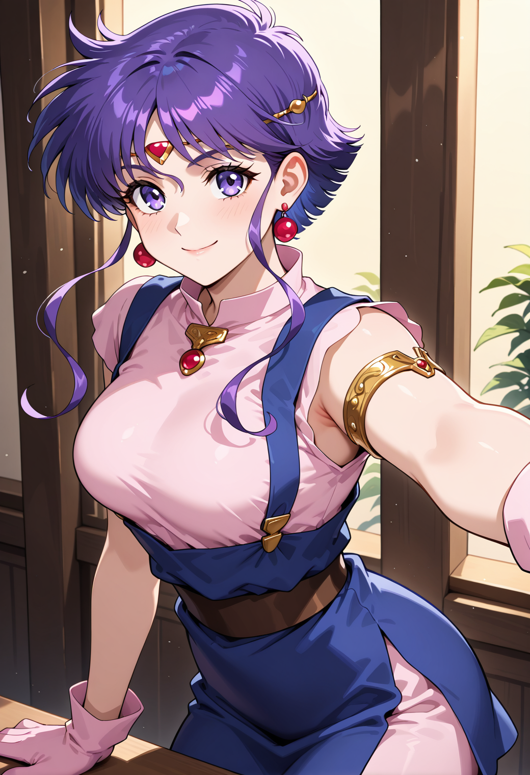 masterpiece, best quality, very aesthetic, absurdres, 1girl, solo,
<lora:srw_xenia_v01:0.9>, srw_xenia, purple hair, short hair, short hair with long locks, sidelocks, purple eyes, breasts,
circlet, earrings, jewelry, pink shirt, suspenders, blue dress, single armlet, pink gloves, pink skirt, light blush, smile, posing