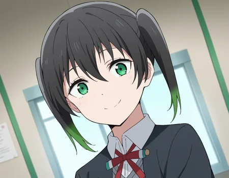 score_9, score_8_up, score_7_up, source_anime, <lora:yuu-takasaki-s2-ponyxl-lora-nochekaiser:1>, yuu takasaki, bangs, black hair, hair between eyes, twintails, green eyes, multicolored hair, green hair, medium hair, two-tone hair, gradient hair,, skirt, long sleeves, school uniform, jacket, red ribbon, black jacket, blazer, nijigasaki academy school uniform, white skirt,, indoors, smile, looking at viewer, solo,, cowboy shot, dutch angle