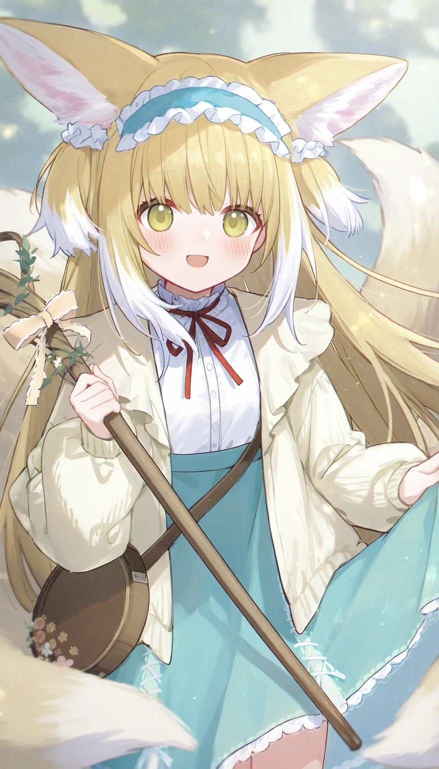1girl, suzuran \(spring praise\) \(arknights\), suzuran \(arknights\),
solo, open mouth, multicolored hair, frills, hairband, yellow cardigan, fox tail, staff, white shirt, ribbon, blonde hair, neck ribbon, hair down, white hair, holding, kitsune, long hair, cowboy shot, cardigan, infection monitor \(arknights\), skirt hold, very awa helltwallle \(meme\), :d, blue hairband, shirt, official alternate costume, fox girl, two-tone hair, smile, meme, fox ears, tail, red ribbon, blue skirt, animal ears, looking at viewer, blush, animal ear fluff, holding staff, short sleeves, pouch, multiple tails, green eyes,
masterpiece, best quality, newest, absurdres, highres
<lora:sei3_noob1.1-000200:0.9>