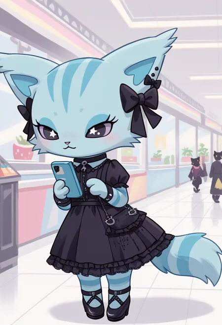 score_9, score_8_up, score_7_up, score_6_up, score_5_up, BREAK
chelsea, furry, chibi, feral, hair bow, cat, colored sclera, mall, checking phone, goth dress, looking at phone, 1 girl, solo
