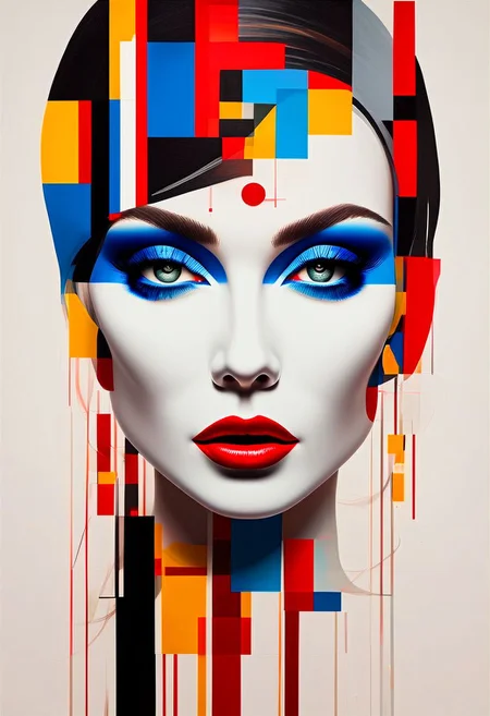 a portrait of a woman is captured in a close-up shot, her gaze directed straight at the viewer. her face is adorned with a vibrant palette of red, blue, and yellow hues, adding a pop of color to the otherwise monochromatic palette. her eyes, a striking feature, are accentuated with red eyeshadow and a bold red lip, adding a pop of color to her otherwise monochromatic face. her hair, a light shade of white, is neatly pulled back, adding a touch of elegance to her appearance. the backdrop of the portrait is a stark white wall, providing a stark contrast to the woman's vibrant makeup and attire.