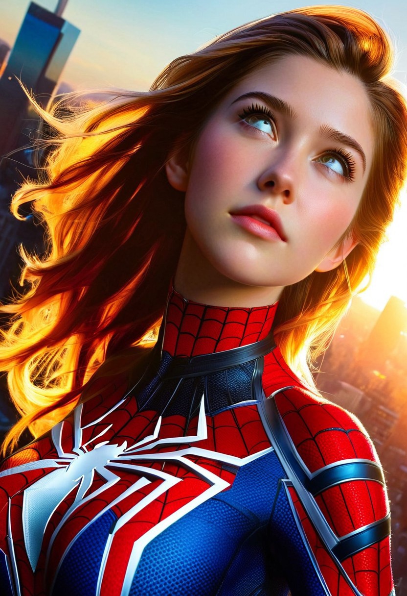 A hyper-realistic portrait of a lone girl, focusing on her upper body, dressed in a sleek Spiderman outfit, with intricate details on the suit's texture and logo, set against a blurred cityscape background with a warm, golden light casting a gentle glow, emphasizing the subject's determined expression, in a cinematic composition with a slight low-angle shot, as if looking up to her, with a vibrant color palette and subtle shading, evoking a sense of heroism and empowerment.