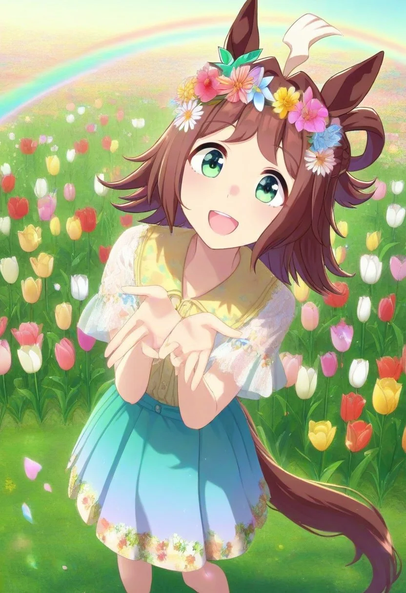 Tulip flower hair_ornament, (umamusume, rhein_kraft_(umamusume), horse_ears, horse_girl, tail, 1girl, ahoge, animal_ears,)
casual, field, flower, flower_field, green_eyes, hair_between_eyes,
head_wreath, looking_at_viewer, solo, aesthetic, absurdres, symmetric ,spiralling vortex made of multicoloured tulips, lush foliage sunrise, ripples, reflective, jaynl-tm, rainbow, , g0ldsw0rthy,
(realistic, photo, artistic, medium_hair, one_eye_closed, petals, relaxing, smile, : 0.7)