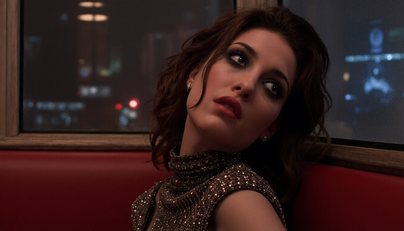 cinematic close-up shot of a young woman leaning backward in a a corner booth in a diner at night, wearing glittery party clothes, long oper hair, heavy makeup with dark eyeshadow and mascara running down her face, bored expression staring to the side. Through a window behind her, city lights are visible. Warm artificial light at night, casting shadows, chiaroscuro. High resolution. 2010s movie <lora:dark_cinematic-000080:1>