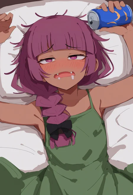 score_9, score_8_up, score_7_up, score_6_up,
1girl, braid, dark-skinned female, dark skin, bow, solo, purple hair, black bow, bangs, fang, hair bow, lying, blush, open mouth, long hair, purple eyes, hair over shoulder, blunt bangs, dress, green dress, single braid, messy hair, drooling, drunk, upper body, on bed, beer can, holding,
<lora:kurokimiko:1>