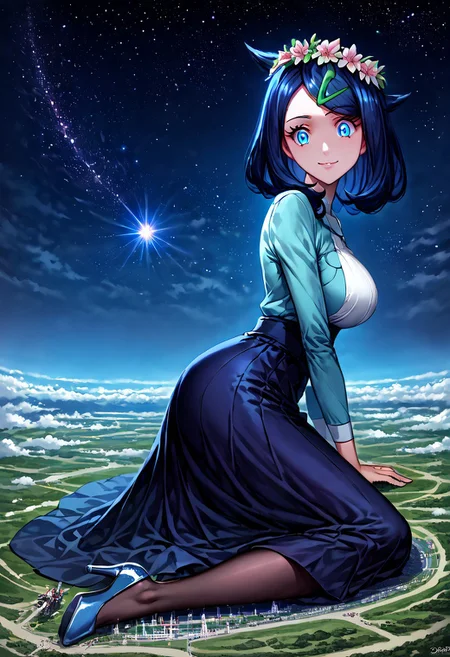 gorgeous lips, cinematic, (masterpiece), (best quality), (ultra-detailed), very aesthetic, perfect composition, intricate details, absurdres, detailed face, (anime, masterpiece, intricate:1.3), (best quality, hires textures, high detail:1.2), score_9, score_8_up, source_anime, 1girl, liko \(pokemon\), blue hair, hair clip, very long hair, flower crown, long dress skirt, stiletto high heels, large breasts, facial expression, loving, flirting, amused, smiling, head tilt, soft eyes, jvdaniang, goddess, planet size, giantess, giantess in space, in space, giant goddess, humongous body, lying down on planet, giantess lying down on planet, space, galaxies, small planets, floating objects, gradient eyes, beautiful detailed eyes, Side view, solo, (masterpiece:1.4), (best quality:1.4), (ultra-detailed:1.2), gl0w, glow, Extreme Size Difference,