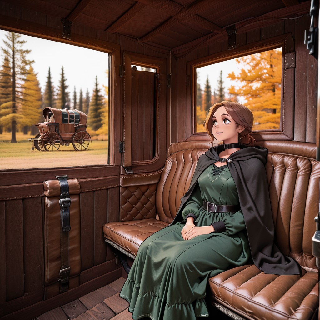 melkor_style, cartoon, fantasy, medieval, medium shot,
(1 young woman with red-brown hair, wearing a dark green medieval dress, black cloak, and black collar,)
interior, horse drawn carriage, historic_coach, brown leather seat, padded walls, forest outside the windows,