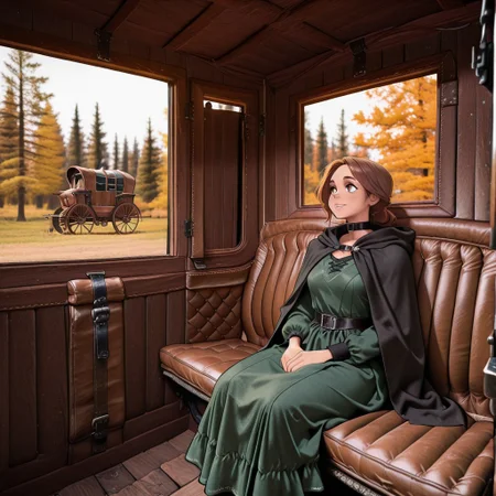 melkor_style, cartoon, fantasy, medieval, medium shot,
(1 young woman with red-brown hair, wearing a dark green medieval dress, black cloak, and black collar,)
interior, horse drawn carriage, historic_coach, brown leather seat, padded walls, forest outside the windows,