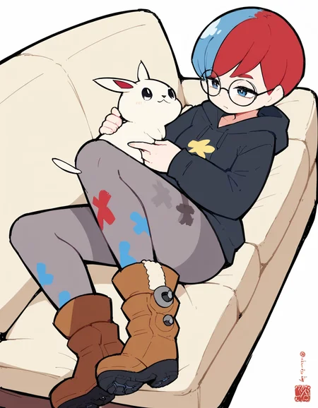 score_9, score_8_up, score_7_up, score_6_up, score_5_up, score_4_up, source_anime, BREAK <lora:Eiken3kyuboy_Artist_Style_ponyXL-000018:1> 1girl, penny \(pokemon\),fur boots, brown footwear, , glasses, hoodie, multicolored hair, pantyhose, print legwear, star print, streaked hair, holding a kitten, lying on a couch, cozy vibe ,