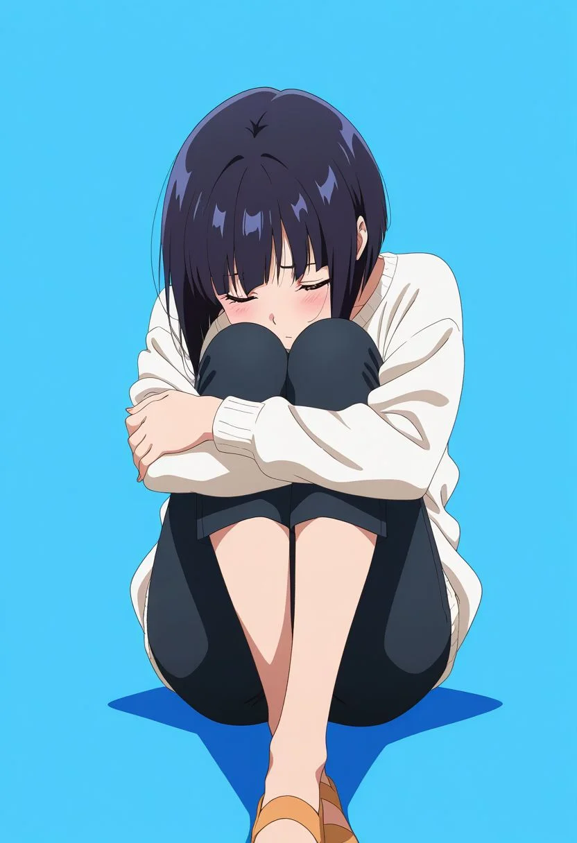 masterpiece, best quality, amazing quality, anime coloring, anime screencap,  1girl, inverted bob, white sweater, capri pants, black pants,  black hair,  blue background,  simple background,   hugging own legs, sitting,