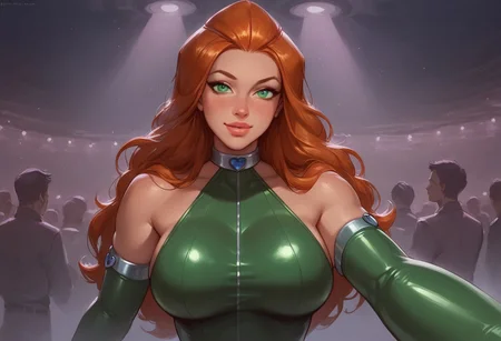score_9, score_8_up, score_7_up, score_6_up, score_5_up, score_4_up, masterpiece, perfect face, perfect eyes, nightclub, lights, sexy girl, 1girl, sam \(totally spies\), orange hair, long hair, green eyes, solo, green platform stiletto high heels, ((green latex tight tube dress)), green latex thighhighs, green latex detached sleeves, skindentation, standing, bending over, sexy pose, sexy dancing, seductive, seductive look, (((half body shot:1.5))), (large breasts:1.3), thick thighs, front view, female focus, looking at viewer,