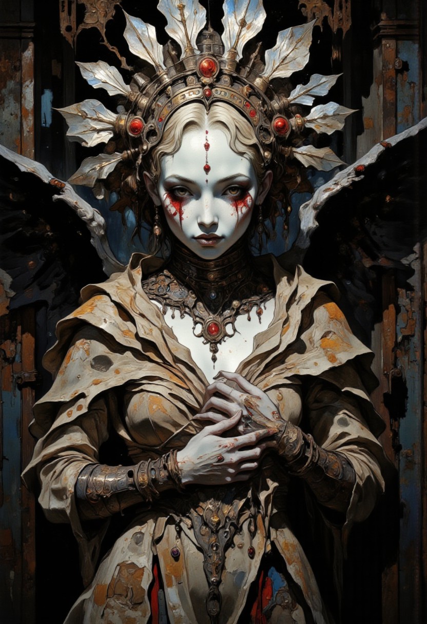 A closeup portrait of a surreal figure in an eerie, industrial setting, her unsettling yet captivating presence commanding attention. Her face is doll-like, with pale, porcelain-like skin and vivid red accents painted across her eyes and cheeks, giving her an enigmatic, haunting expression. Symmetrical red dots and delicate cracks enhance her unsettling allure, evoking both fragility and otherworldliness. Her lips are small and pursed, adding a touch of melancholy to her gaze.
A large, intricate headdress resembling metallic feathers or spokes fans out behind her, radiating an ethereal glow and adding to her commanding presence. The headdress, with its sharp, symmetrical design, contrasts with the rough textures of the rusty, industrial backdrop. Behind her, twisted metal structures frame her figure like wings, their jagged, decayed lines adding an element of harshness and decay to the scene.
Her body is adorned in a tightly wrapped, tattered gown that clings to her form, blending muted earth tones with hints of rust and crimson. The fabric appears worn and pieced together, as if it were constructed from scraps, bearing faint, faded markings like barcodes and symbols, hinting at an enigmatic origin. Her left hand lightly clutches a knotted rope around her neck, while her right hand grazes the fabric, adding an air of tension and mystery to her pose.
The lighting is stark and dramatic, casting deep shadows across her face