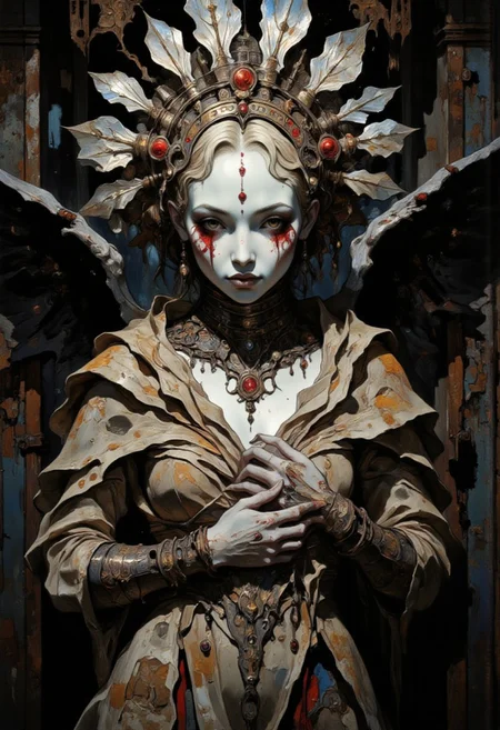 A closeup portrait of a surreal figure in an eerie, industrial setting, her unsettling yet captivating presence commanding attention. Her face is doll-like, with pale, porcelain-like skin and vivid red accents painted across her eyes and cheeks, giving her an enigmatic, haunting expression. Symmetrical red dots and delicate cracks enhance her unsettling allure, evoking both fragility and otherworldliness. Her lips are small and pursed, adding a touch of melancholy to her gaze.
A large, intricate headdress resembling metallic feathers or spokes fans out behind her, radiating an ethereal glow and adding to her commanding presence. The headdress, with its sharp, symmetrical design, contrasts with the rough textures of the rusty, industrial backdrop. Behind her, twisted metal structures frame her figure like wings, their jagged, decayed lines adding an element of harshness and decay to the scene.
Her body is adorned in a tightly wrapped, tattered gown that clings to her form, blending muted earth tones with hints of rust and crimson. The fabric appears worn and pieced together, as if it were constructed from scraps, bearing faint, faded markings like barcodes and symbols, hinting at an enigmatic origin. Her left hand lightly clutches a knotted rope around her neck, while her right hand grazes the fabric, adding an air of tension and mystery to her pose.
The lighting is stark and dramatic, casting deep shadows across her face