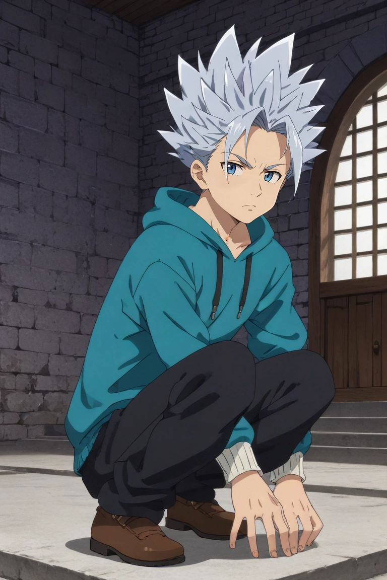 score_9, score_8_up, score_7_up, source_anime, rating_safe, , anime screencap, anime coloring, , , , 1boy, solo, male focus, <lora:arden_nnt_pony:0.98>, arden_nnt, grey hair, blue eyes, short hair, spiked hair, wide angle, wide shot, full body, skytree, indoors, breast rest, expressionless, lion costume, <lora:sdxl_lightning_8step_lora:1>