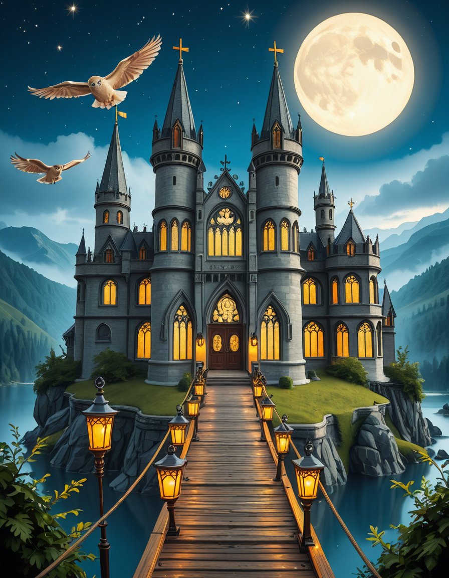 A majestic, ancient castle perched on a rocky hill, serving as a prestigious school for young wizards. The castle is a grand structure with towering spires, intricate gothic architecture, and large stained-glass windows that glow with magical energy. The stone walls are covered in ivy, and enchanted lanterns float around the entrance, casting a soft, mystical glow. A massive wooden bridge leads to the main gate, suspended over a misty, enchanted lake that reflects the moonlight. In the background, rolling green hills and dense, fog-covered forests surround the school, adding an air of mystery. The sky is a deep twilight blue, with stars twinkling and a full moon shining brightly. Some windows in the castle emit warm, golden light, hinting at classrooms filled with spellbooks and students practicing magic. A few owls are seen soaring above, delivering messages. The atmosphere is magical, mysterious, and full of wonder, as if the castle itself is alive with enchantments.
<lora:SDXLFaeTastic2400:0.4> <lora:extremely_detailed:0.4> extremely detailed,ancient c4stl3, <lora:ancient_c4stl3-i:1>, Masterpiece,best quality,hi res,8k,hi res,8k,award winning,(sharp focus, intricate, highly detailed),