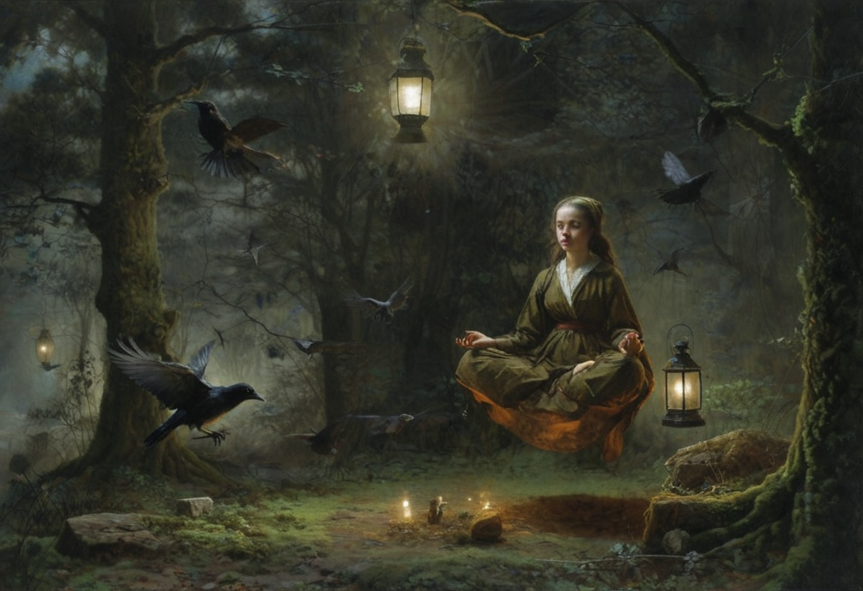 1girl, lotus pose, levitate, above mossy forest floor, trees, crows, rats, lantern, dark, night, oil painting, artwork  by  ridley scott  and Jan Vermeer, sidelight, perfect face, w1+ch, black forehead
 <lora:Witch_SDXL_r1:0.5> w1+ch, <lora:Dramatic Lighting Slider:0.9> <lora:Breast Size Slider:1.5>
 <lora:levitate-PNY-SDXL-SD15-Panache:1.1>