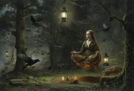 1girl, lotus pose, levitate, above mossy forest floor, trees, crows, rats, lantern, dark, night, oil painting, artwork by ridley scott and Jan Vermeer, sidelight, perfect face, w1+ch, black forehead
<lora:Witch_SDXL_r1:0.5> w1+ch, <lora:Dramatic Lighting Slider:0.9> <lora:Breast Size Slider:1.5>
<lora:levitate-PNY-SDXL-SD15-Panache:1.1>