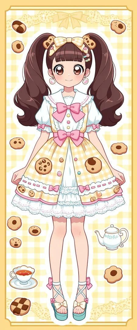 (fullbody, standing, front facing, facing viewer) 1girl, (lolita_fashion), twintails, long hair, brown hair, blunt bangs, big eyes, smile, light blush, pastel theme, cute, blue and white dress, lolita_dress, biscuit print, cookie print, printed skirt, scalloped trim, decorative buttons, big buttons, sailor collar, white collar, short sleeves, puffed sleeves, pink waist ribbon, bow belt, lace hem, white lace, short skirt, frilly skirt, knee-length dress, sweet_lolita, pastel blue, pastel pink, pastel yellow, plaid lolita_headband, cookie hair ornament, hairclips, hairpins, small cookie shaped earrings, earrings, teal shoes, bow shoes, open-toe sandals, (detailed background, detailed scenery : 1.2), tea party theme, oversized teacups, yellow gingham background, biscuit wallpaper, pink bow motif, standing on doily, tea set, <lora:19a618b0-9c60-490e-984c-201466b5ed8f:0.7>, <lora:d10e6385-a080-4735-a8cf-9b683731baca:0.7>, <lora:8f398b58-2a62-47d0-8ddf-536c77de0d9c:0.6>, <lora:7fa89c10-5601-4ced-9e6d-e50019f5aa4b:0.5>, <lora:ab19ebf7-99b5-4dc4-8f50-e9330005ed10:0.4>, <lora:e485f886-377e-4727-92e3-947262a0784f:0.3>, <lora:ec98a5c1-8fae-42a7-ade0-cd20988d5e84:0.3>, <lora:more_details:0.7>, , , , , , , ,