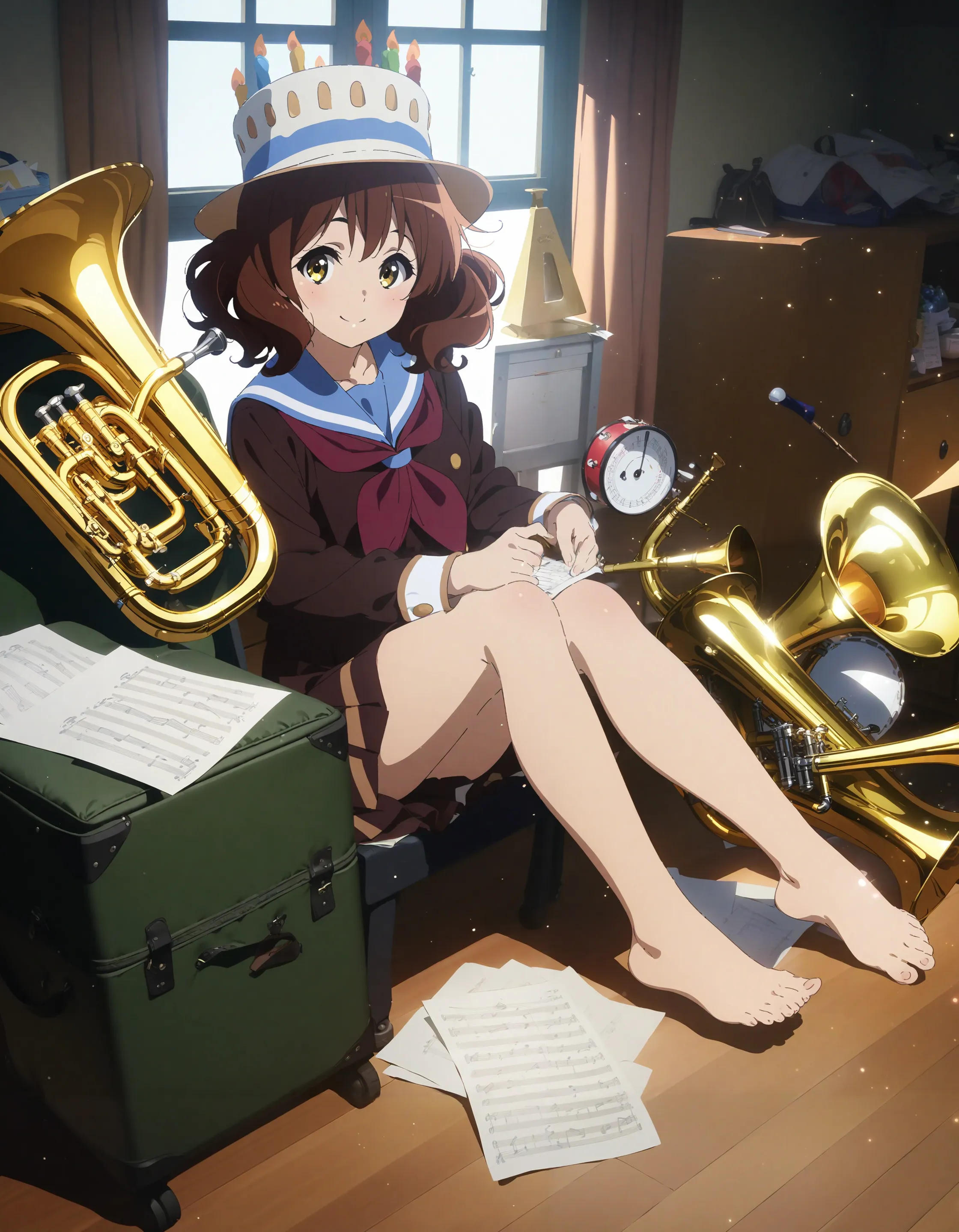 (cake hat:1.0), key visual,
1girl, oumae kumiko, hibike! euphonium, bare legs, barefoot, black serafuku, box, brown hair, bucket, chair, clubroom, curtains, drumsticks, euphonium, feet, from side, full body, holding, indoors, instrument, instrument case, kitauji high school uniform, knees up, legs, light particles, long sleeves, looking at viewer, metronome, miniskirt, neckerchief, paper, pleated skirt, red neckerchief, school uniform, serafuku, sheet music, shelf, short hair, sitting, skirt, smile, solo, tambourine, toes, trophy, uniform, wavy hair, window, yellow eyes, strawberry, blueberry, candlelight, candle, happy birthday, birthday cake
best quality, masterpiece,
<lora:concept_cakehat:1>