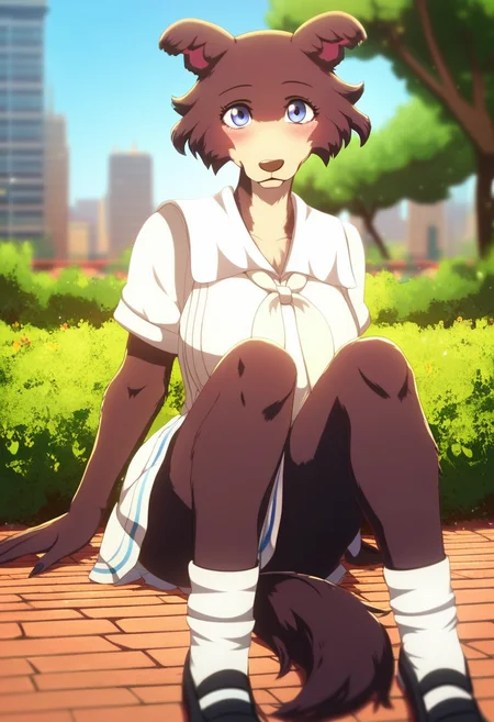 zPDXL, score_9,score_8_up,score_7_up,_up, best quality, amazing quality, masterpiece, 1girl, looking at viewer, solo, fullbody, cute, blush, juno, <lora:Juno-03:1> , wolf girl, animal ears, animal nose, brown fur, blue eyes, tail, white school uniform, neckerchief, white socks, black shoes, blue sky,city, park, skyline, contour_deepening,depth of field, huge filesize,wallpaper,background,(flat color),large breasts, blurry background