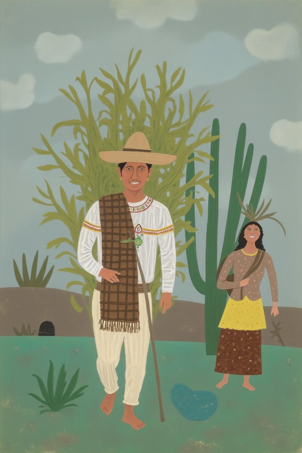 dorislee1 painting.
A rural scene with two people in a lush green landscape. The backdrop features blue and gray tones, suggesting a calm, clear day. In the foreground, a Mexican man wearing a traditional wide-brimmed straw hat and a white long-sleeved plaid shirt walks barefoot.
 <lora:dorislee1_cap_d6a3:1.0><lora:834815387767031176:0>