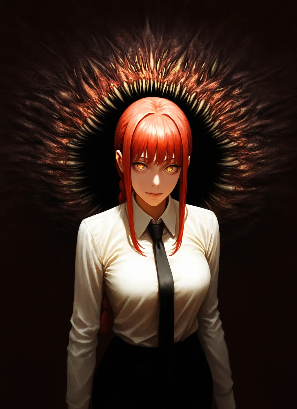 artist:, masterpiece, best quality, newest, very awa, absurdres, highres, mnsr, makima \(chainsaw man\), chainsaw man, 1girl, ringed eyes, yellow eyes, red hair, long hair, medium hair, braided ponytail, sidelocks, medium breasts, white shirt, collared shirt, black necktie, long sleeves, formal, monster, horror, detailed, <lora:SDXL\Illustrous\Monster_Concept-Illu-mnsr:1.0>