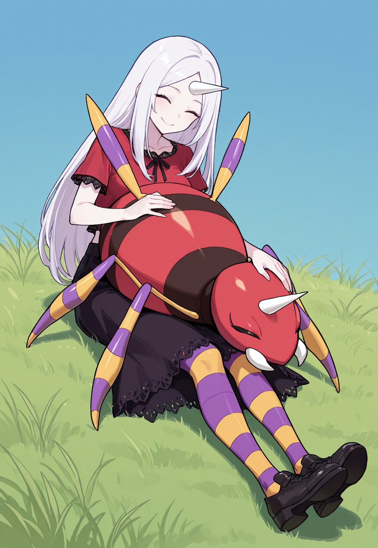 masterpiece, best quality, amazing quality, very aesthetic, absurdres, ((1girl with 1other)), BREAK (PKMN_Ariados, 1girl, gijinka:1, human:1, smile, ^ ^, pale skin, closed eyes, white long hair, red cropped shirt, black lace-trimmed shirt, black skirt, striped pantyhose, multicolored pantyhose, yellow pantyhose, purple pantyhose, black shoes, petting, petting pokemon (creature)). BREAK 
(PKMN_Ariados, 1other, spider, single horn, no mouth, black body markings, multiple legs, red skin, purple stripes, colored stripes,) outside, grass, blue sky