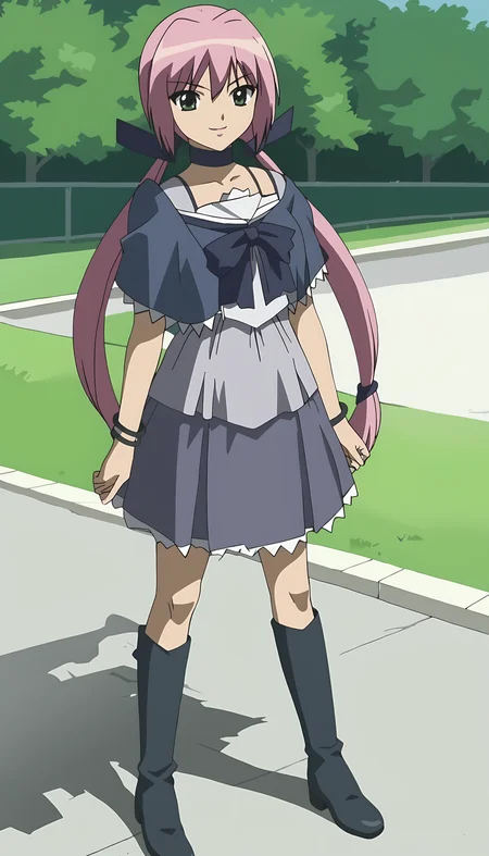 score_9, source_anime BREAK, oldest, anime screencap, outdoors, school yard, day, sunlight,<lora:MichiruMamiya-13(Pony):1>MichiruMamiya, 1girl, solo, long hair, low twintails, pink hair, bangs, smile, green eyes
dress straps, dress, hair ribbon, ribbon, black ribbon, boots, black boots, choker, black choker, bow, black bow, bracelet, multiple bracelets, cape, frilled skirt, black skirt, (two hand multiple bracelets),
