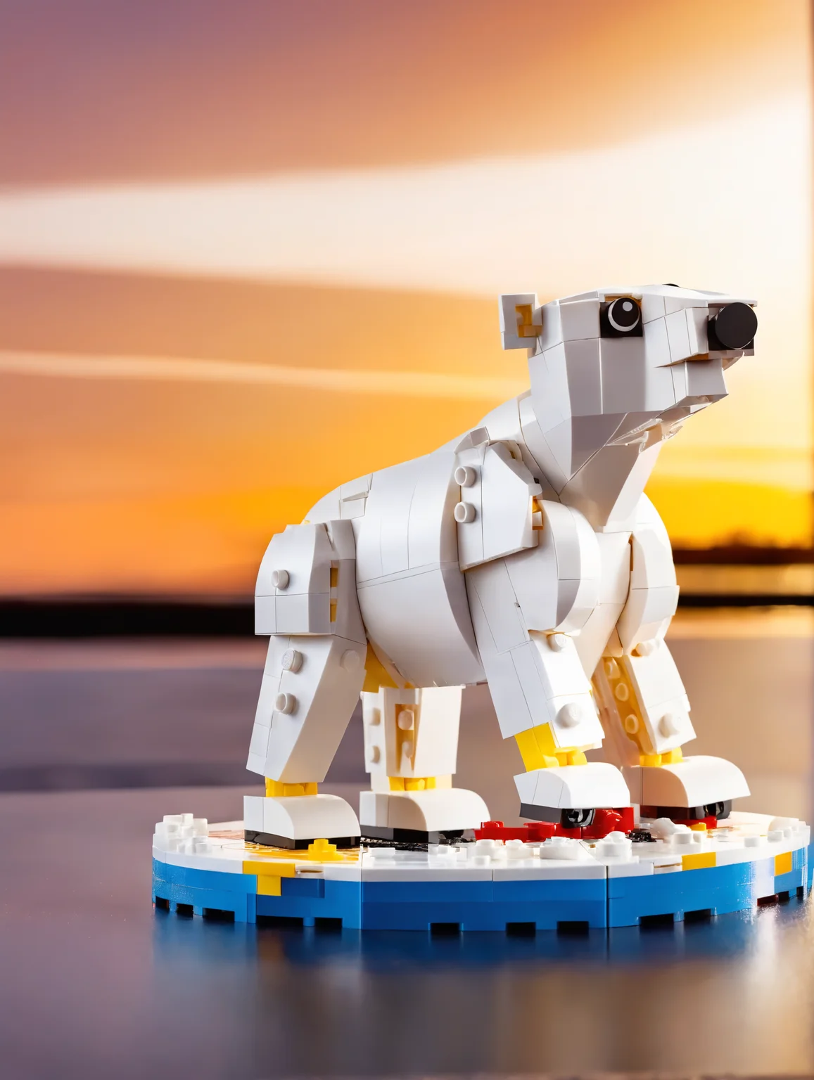 <lora:lego_v2.0_XL_32:0.8>
LEGO Creator, a polar bear on ice at sunset