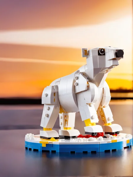 <lora:lego_v2.0_XL_32:0.8>
LEGO Creator, a polar bear on ice at sunset