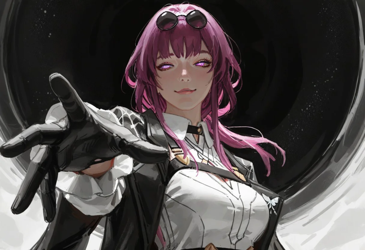96yottea, (guweiz:1.1), (yun ling:1.1), studio photo, solipsist, guweiz, wlop, studio photo, newest, masterpiece, highres, year 2024, year 2023, solo, linear hatching, hatching \(texture\), ultra detailed intricate, manga comic style, monochrome, greyscale, hatching \(texture\), linear hatching, very awa, masterpiece, highres, absurdres, newest, black scales, 1girl, kafka \(honkai: star rail\), looking at viewer, smile, outstretched hand, outstretched arm, hand out of frame, reaching towards viewer, foreshortening, looking down, smug, glowing purple eyes, long hair, purple hair,,eyewear on head,Detailed,Perfect,Hand,Detailed, galaxy background, black hole, give hand to viewer, glowing purple eyes