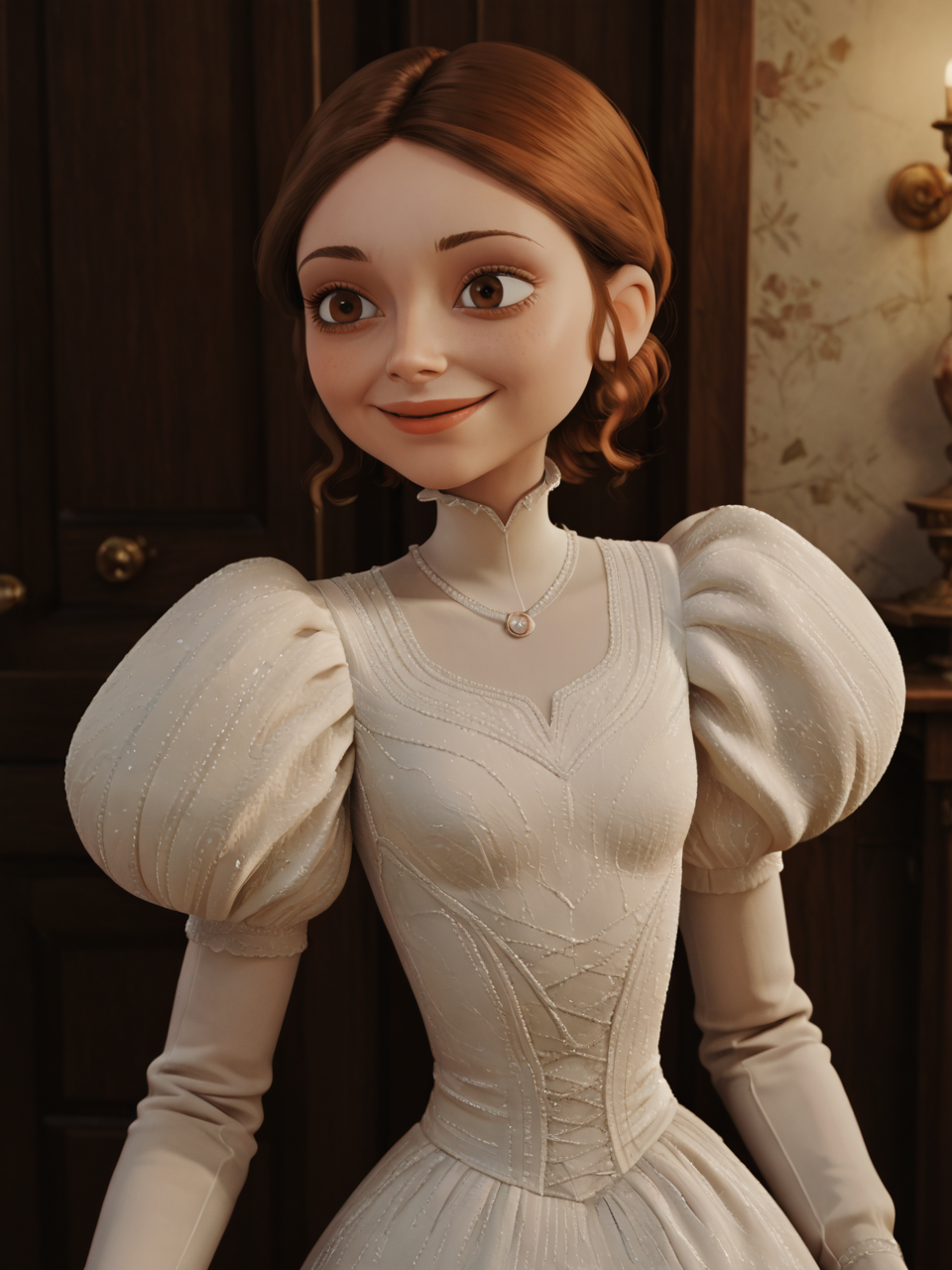 score_9, score_8_up, score_7_up,  score_6_up, BREAK, Lucill3, 1girl, solo, smile, short hair, brown hair, long sleeves, brown eyes, puffy sleeves, white dress, juliet sleeves,  <lora:Lucille:1>